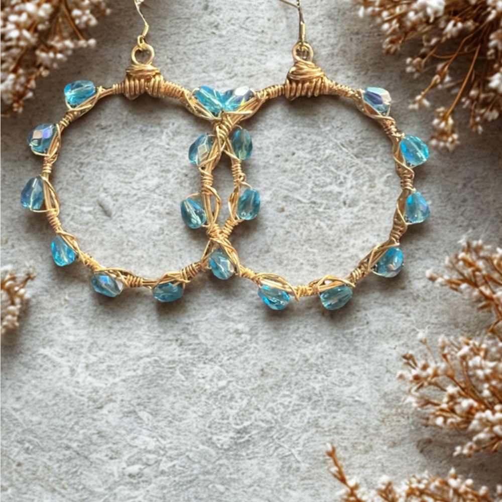 Light Blue Crystal Gold Hoops